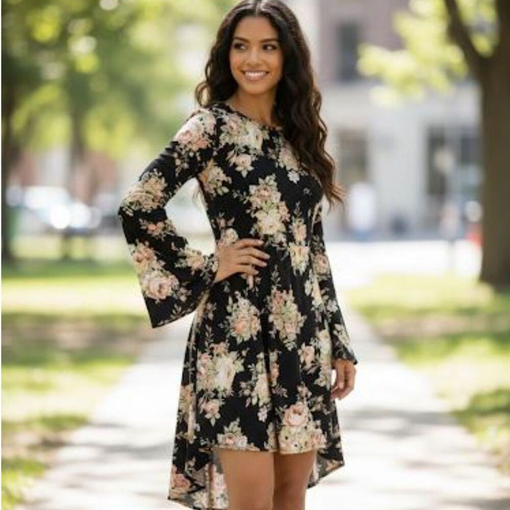 Free People Dress Floral Womens Small Open Back Cottage Core Long Sleeve Flowy